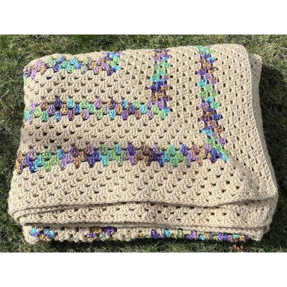 Tan & Mermaid Rainbow 71 X 83 Crochet Blanket Bedspread Love Granny Cottage Core - Picture 3 of 8